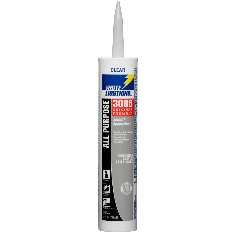 White Lightning 425-WL30067 3006 Siliconized Acrylic Latex All Purpose Caulk, 10 oz Cartridge, Clear